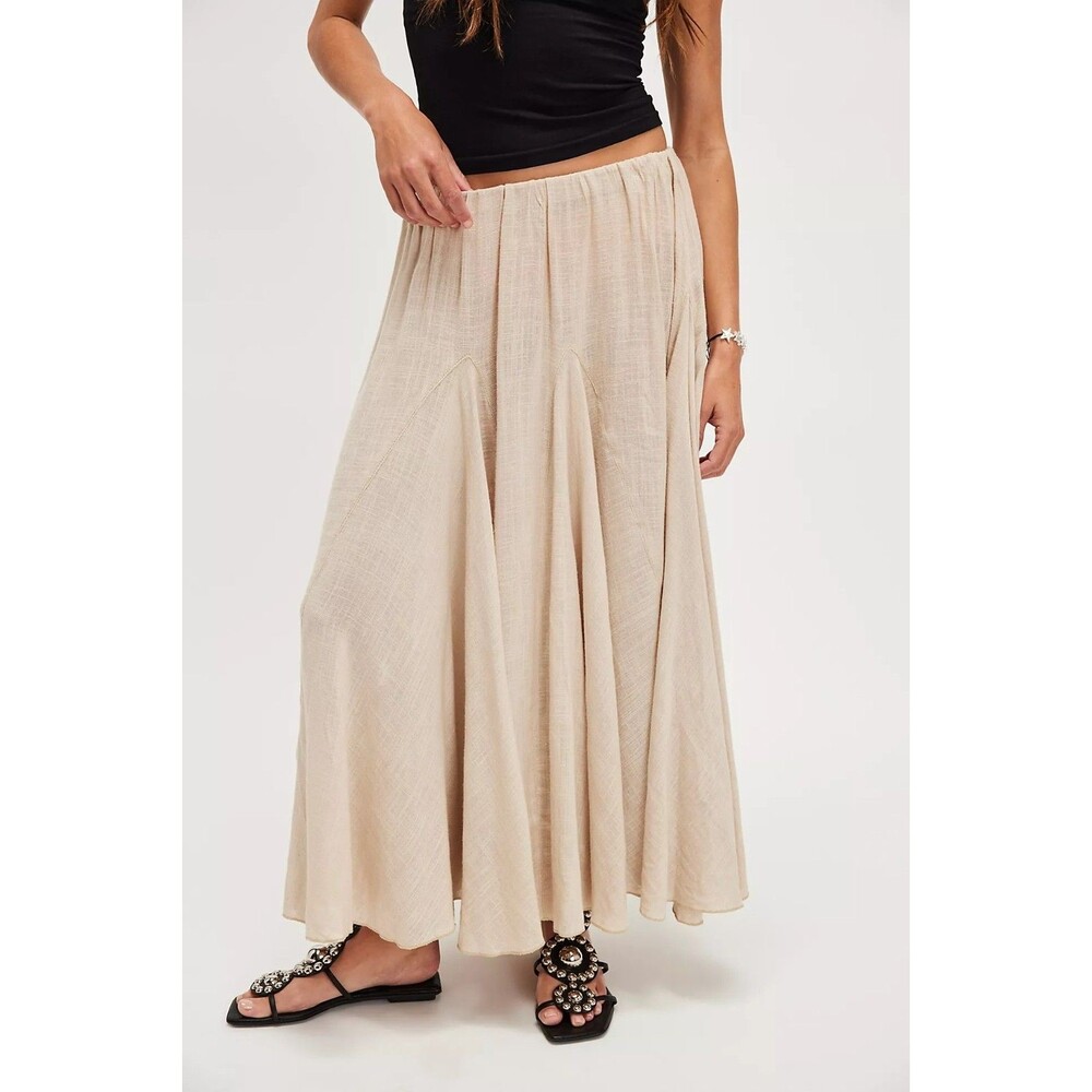 Free People Madras That Solid Linen Maxi Skirt A Line Godet Mid Rise S 289112